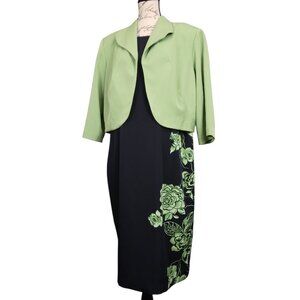 Maya Brooke | Navy & Green 2pc Jacket & Dress Floral Stretch | Size 16W